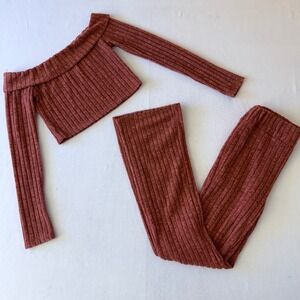 Hyfve Rust Orange Ribbed Knit 2 Piece Set Off Shoulder Crop Top Flare Pants M